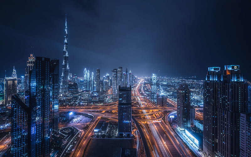 Dubai road junctions, Burj Khalifa, nightscapes, modern buildings, skyscrapers, United Arab Emirates, cityscapes, Dubai at night, UAE, HD wallpaper