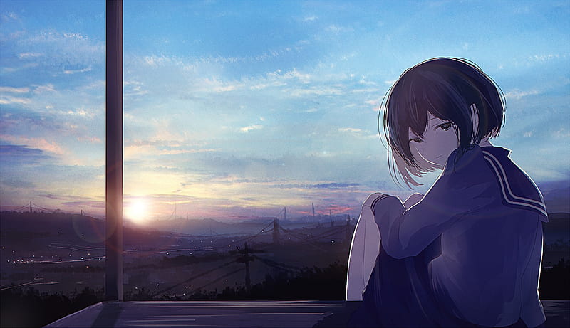 sunset, anime girl, short hair, school uniform, sky, Anime, HD wallpaper