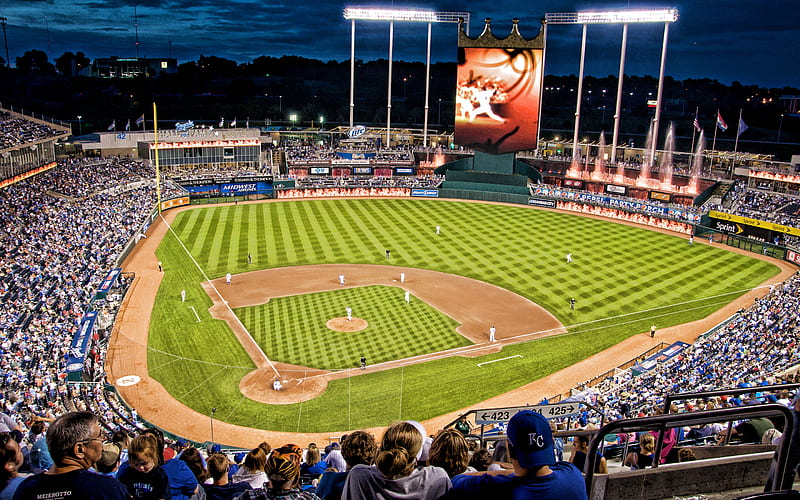 Kauffman Stadium, The K, baseball park, Kansas City Royals, MLB, Kansas City, Missouri, USA, Kansas City Royals Stadium, baseball field, HD wallpaper