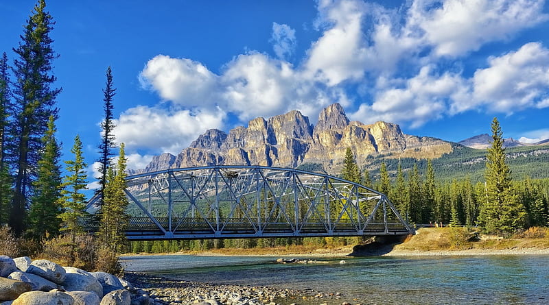 castle junction bridge on the bow river in banff, mountain, forest, bridge, river, clouds, HD wallpaper