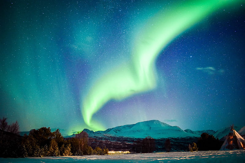 northern lights, aurora, mountains, night, winter, HD wallpaper