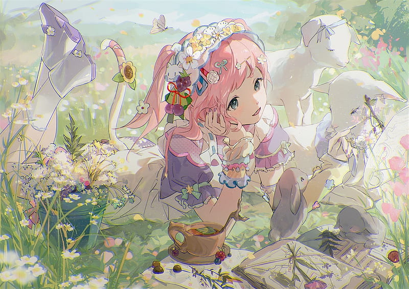 Lolly Girl, girl, grass, flowers, pink hair, long hair, lamb, beautiful, pretty, anime, soft colors, field, HD wallpaper