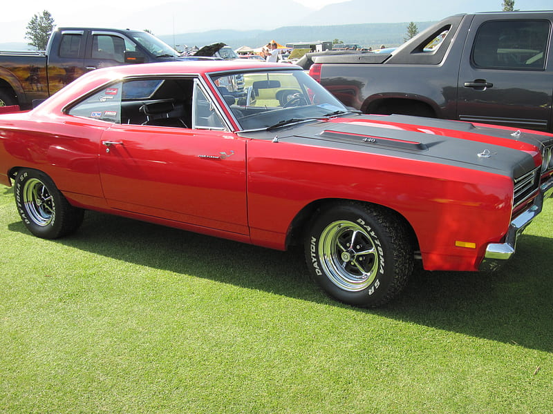 1969 Plymouth Road runner 440, red, green, grass, black, Plymouth, tires, graphy, HD wallpaper