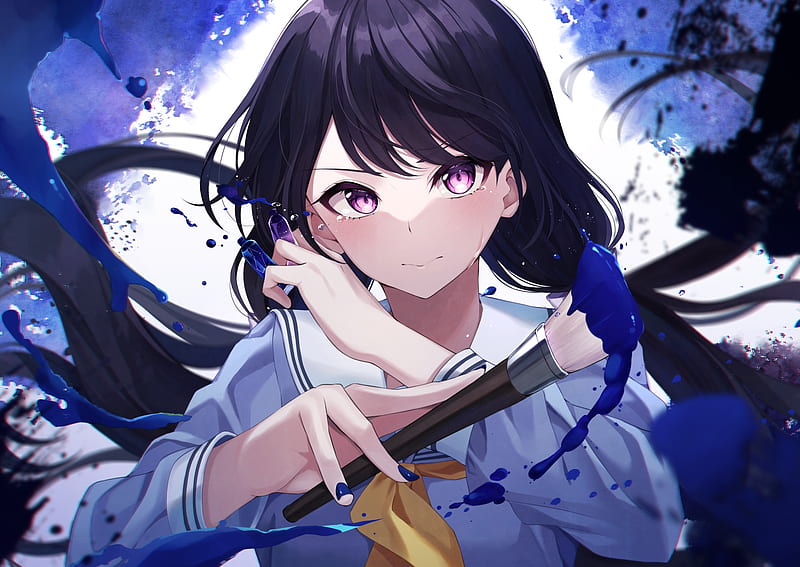 teary eyes, beautiful anime girl, brush, school uniform, twintails, Anime, HD wallpaper