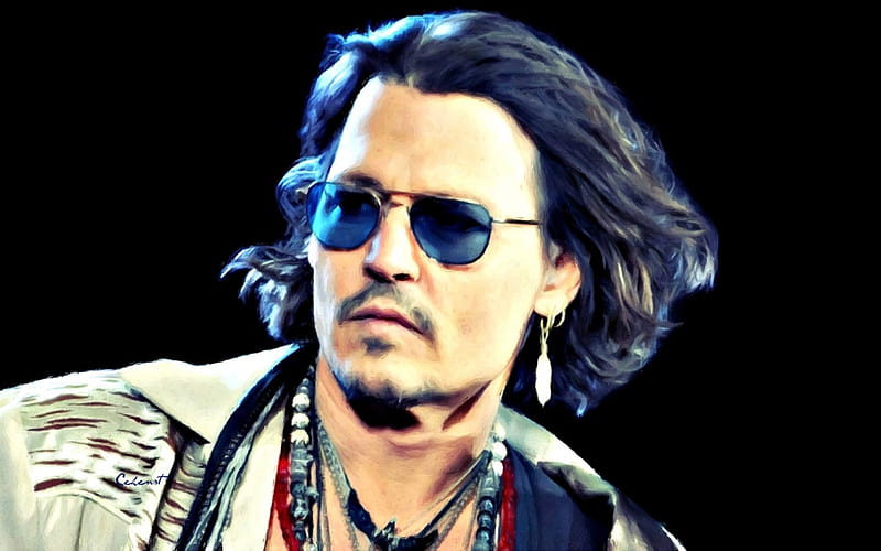 Johnny Depp, red, art, oil, black, man, by cehenot, sunglasses ...