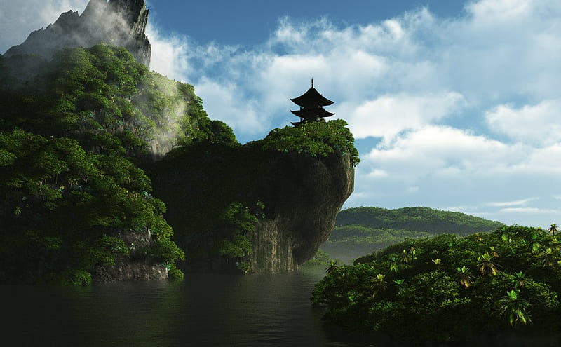 Oriental Retreat, rocks, sky, clouds, outcrop, leaves, water, pagoda, vegetation, nature, river, HD wallpaper