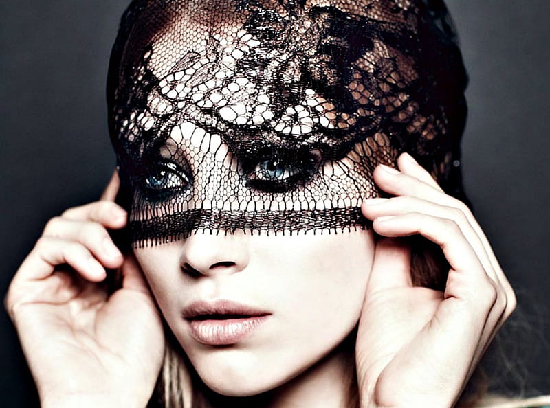 Sarah Gadon, model, lace, veil, black, woman, hat, girl, beauty, face, blue eyes, mask, HD wallpaper