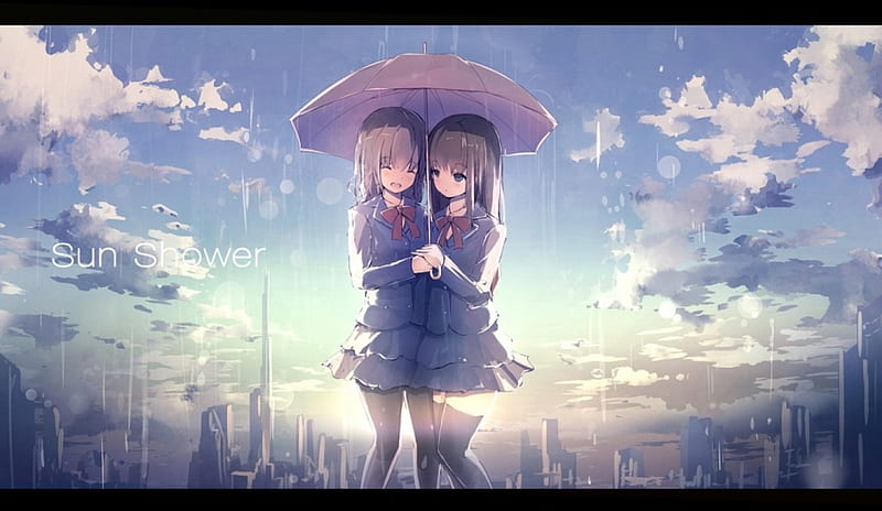 Sun Shower, sun, umbrella, bonito, drops, woman, clouds, sweet, anime, beauty, anime girl, blue, female, lovely, soft, sky, cute, girl, rain, lady, HD wallpaper