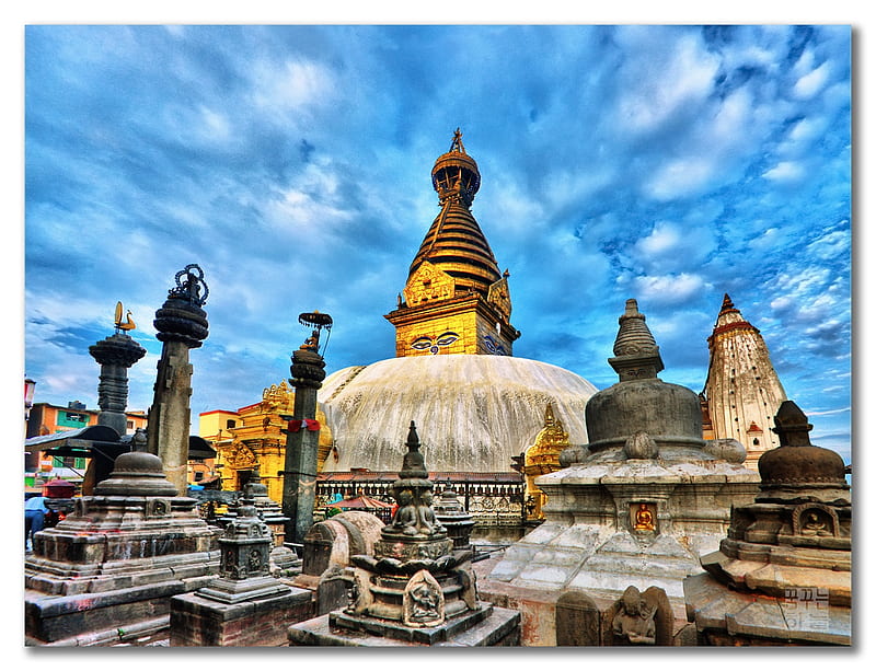 Stupa, Nepal, stupa, towers, religious, clouds, sky, blue, HD wallpaper