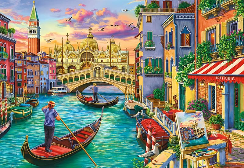 Sight of Venice, artwork, canal, boats, tower, rialto, bridge, houses, campanile, painting, HD wallpaper