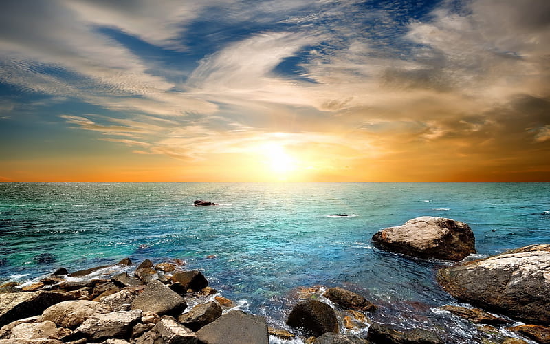 shore, coast, sky, wave, sea, sunset, stones, HD wallpaper