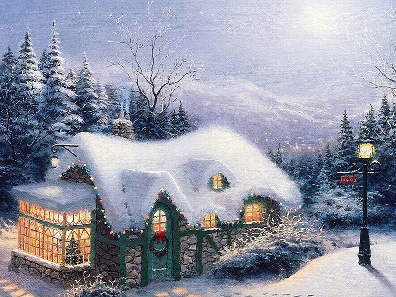Cotagge, art, christmas, snow, cottage, painting, winter, HD wallpaper ...