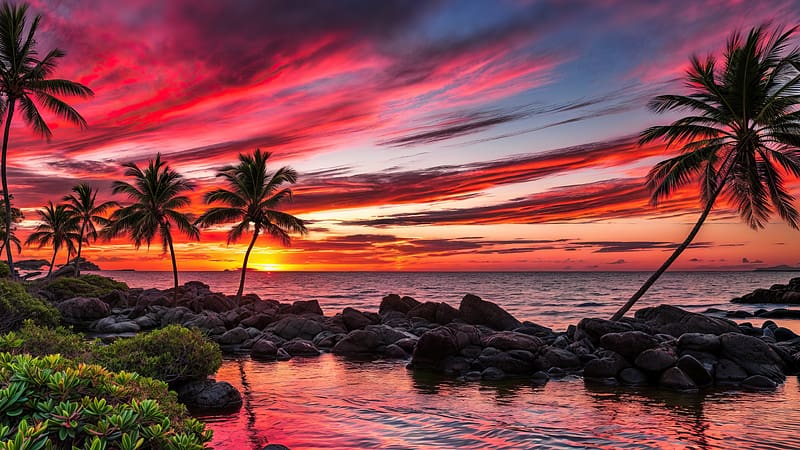 Sunset in New Caledonia, palms, summer, beautiful, beach, sea, sand, ocean, shore, sunset, view, red, fiery, paradise, sky, rocks, HD wallpaper