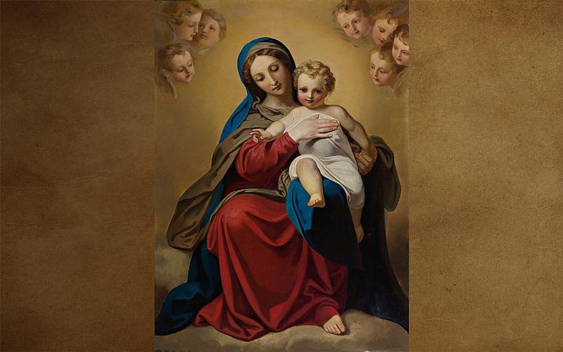 Mary with Jesus, Baby, Virgin, Mother of God, brown, painting, cherubs, Mary, Jesus, HD wallpaper