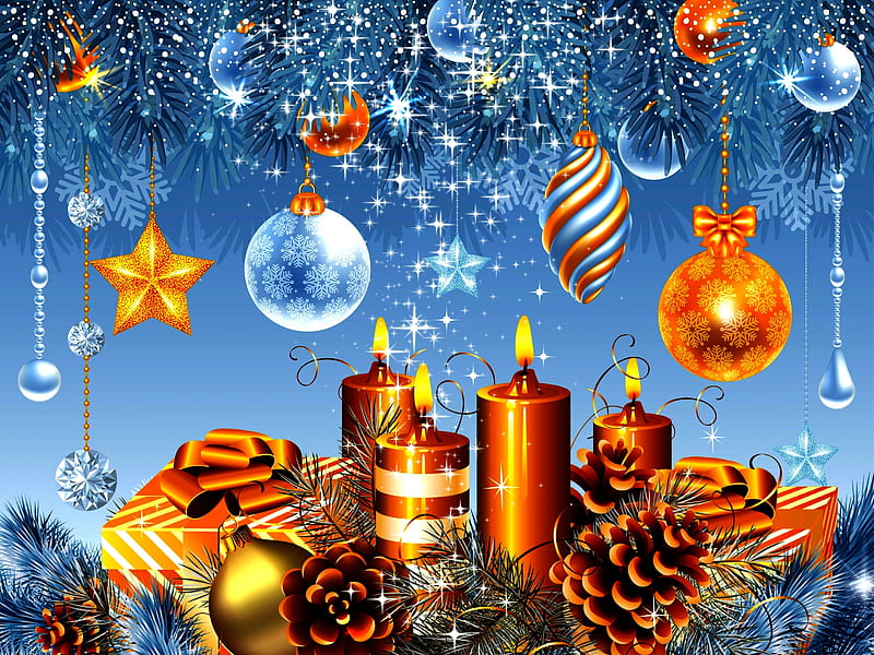 Golden Christmas Lights, Candles, Blue, Merry Christmas, Golden, HD ...