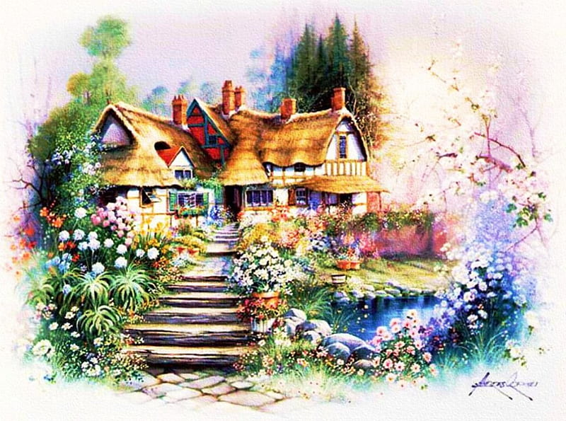 Idyllic Place, cottage, painting, blossoms, stairs, garden, HD wallpaper