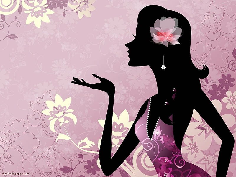 Blowing Kisses From A Woman, flowers, kisses, silhouette, woman, vector, HD wallpaper