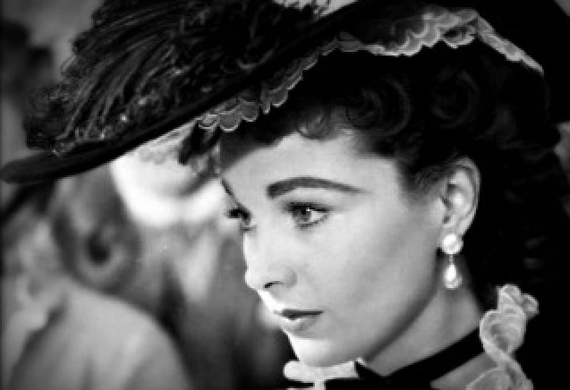 Vivien Leigh as Scarlet, gone with the wind, movie, vivien leigh, scarlet, black, woman, hat, girl, actress, white, HD wallpaper