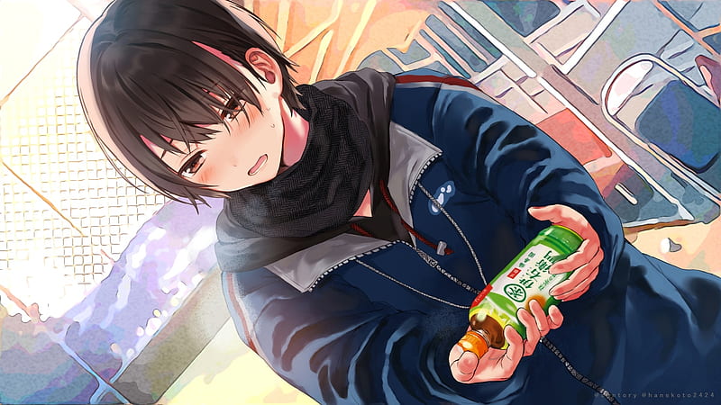 Anime boy, hoodie, drink, black scarf, shy expression, blushes, Anime, HD  wallpaper | Peakpx