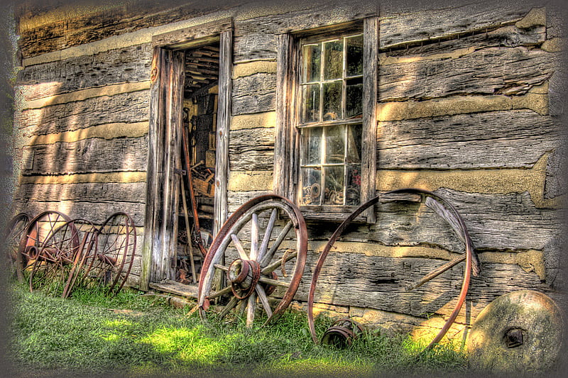 Homestead or Farmstead?, homestead, quaint, old, wagon wheels, spokes, charming, antique, wagon, farmstead, HD wallpaper