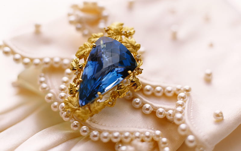 Saphir, stone, golden, jewel, beads, topaz, blue, HD wallpaper