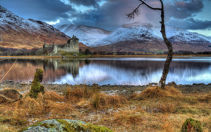 Scottish castle, cstle, scotland, clouds, lake, HD wallpaper