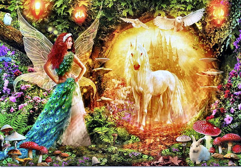 Peacock Feather Fairy, art, unicorn, equine, bonito, illustration, artwork, fantasy, painting, wide screen, HD wallpaper
