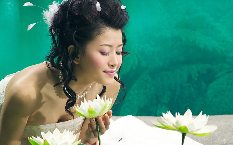 Bride day, lotus, model, woman, girl, green, flower, asian, beauty, lilly, white, HD wallpaper