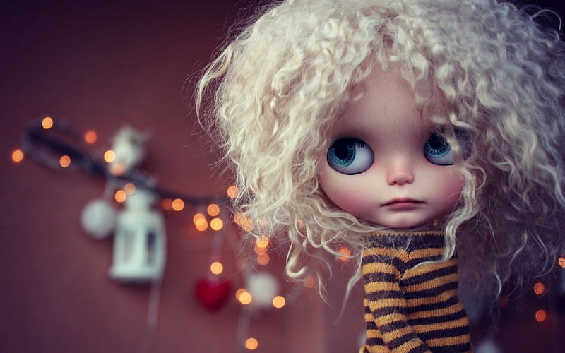 Doll, blond, craciun, girl, christmas, toy, lights, HD wallpaper