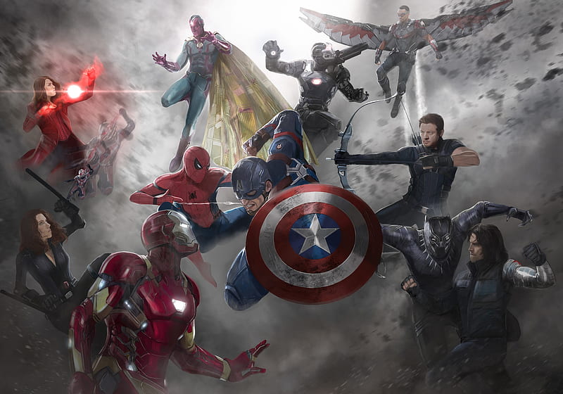Captain America Civil War Movie Artwork, captain-america-civil-war, movies, super-heroes, iron-man, black-panther, hawkeye, captain-america, black-widow, vision, spiderman, war-machine, HD wallpaper