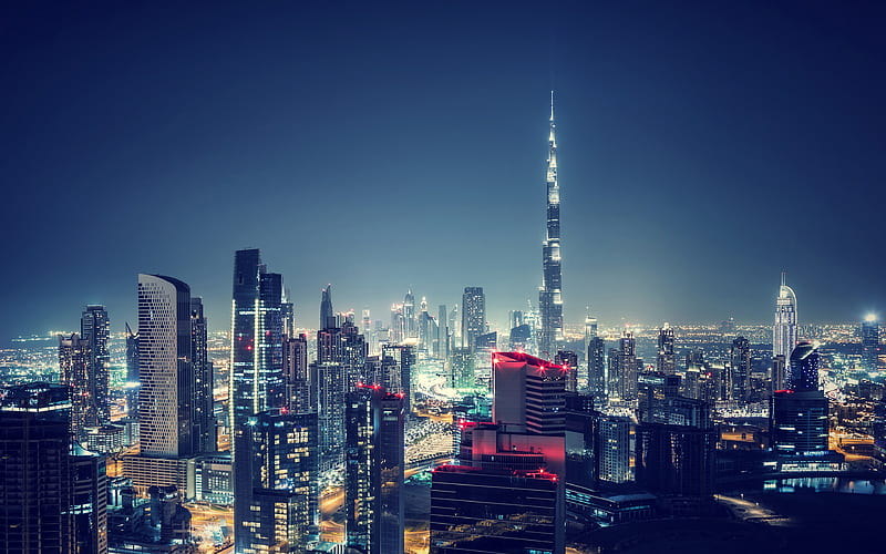 Burj Khalifa, nightscapes, skyscrapers, United Arab Emirates, cityscapes, Dubai, UAE, Dubai at night, HD wallpaper
