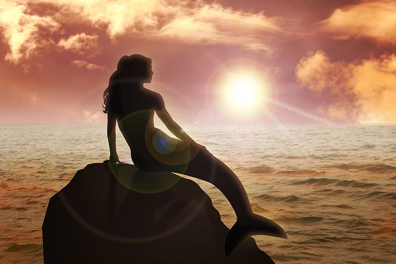 Wonderful Sunset, rock, ocean, mermaid, sunset, sky, silhouette, clouds, women, water, beauty, HD wallpaper