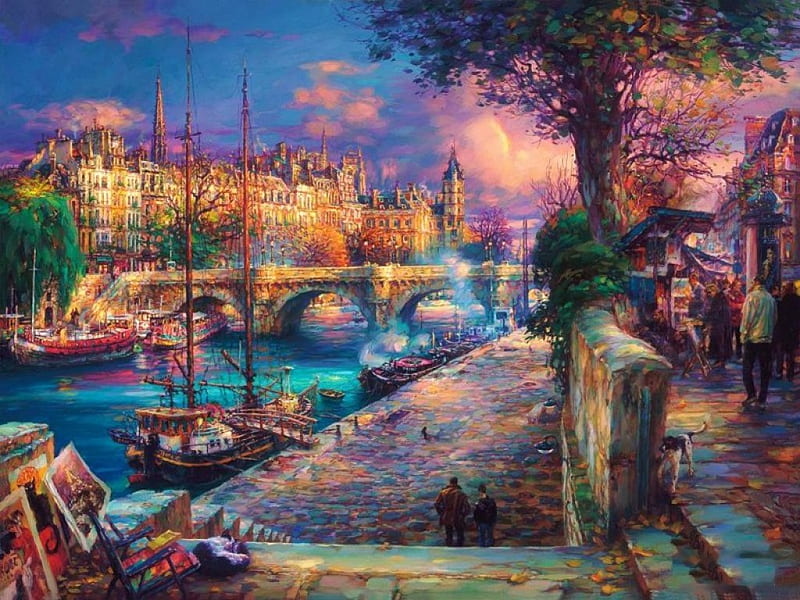 A Stroll in Montmartre, buildings, paris, artwork, boat, bridge, people, seine, painting, river, HD wallpaper