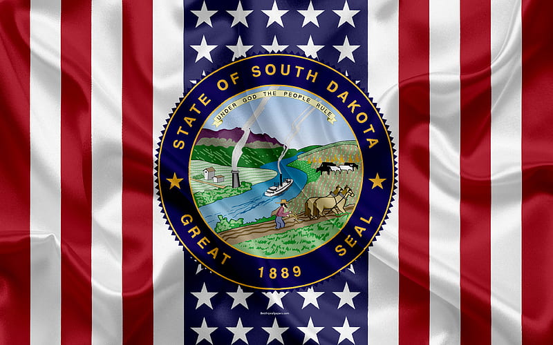 South Dakota, USA American state, Seal of South Dakota, silk texture, US states, emblem, states seal, American flag, HD wallpaper