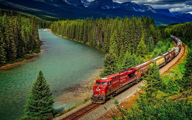 Banff National Park, railway, cargo train, mountain, Alberta, Canada, HD wallpaper