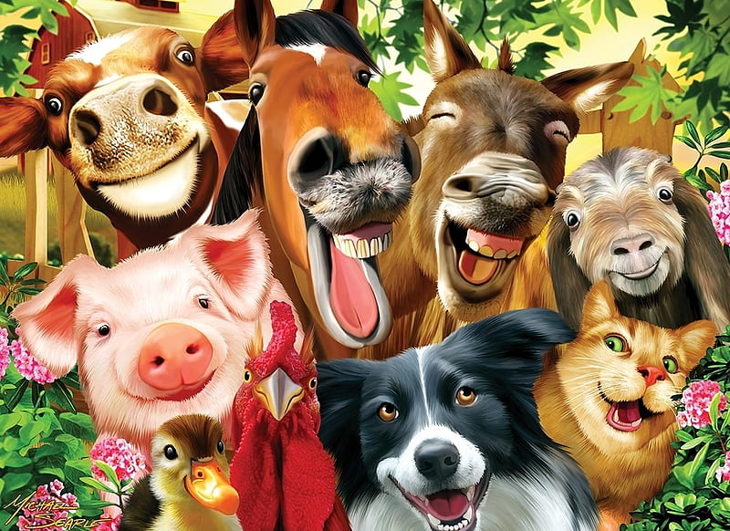 Selfie, cat, animal, dog, pig, cow, caine, horse, farm, fantasy, goat, funny, pisici, HD wallpaper
