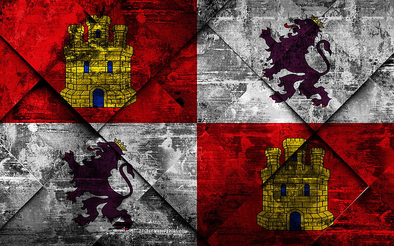 Flag of Castile and Leon, grunge art, rhombus grunge texture, Spanish autonomous community, Castile and Leon flag, Spain, Castile and Leon, Communities of Spain, creative art, HD wallpaper