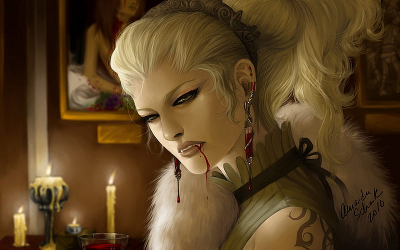 Blood of Vampire, female, tattoo, candly, blonde hair, woman, earring, blood, fantasy, cool, hot, beauty, vampire, lady, HD wallpaper