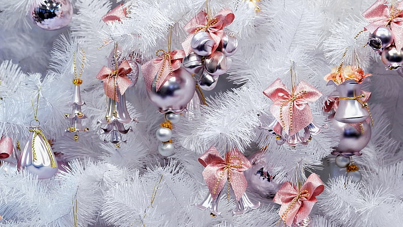 Christmas Bells, tree, christmas, soft, ribbons, white, silver, pink, bells, HD wallpaper