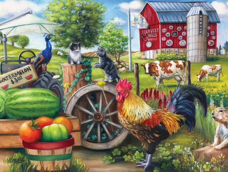 Harvest Time, rooster, painting, cart, melons, trees, artwork, barn, HD wallpaper