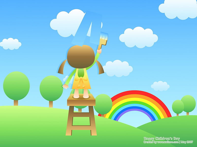 Rainbow Kids, hills, trees, sky, clouds, girl, painting, child, paint brush, overalls, HD wallpaper