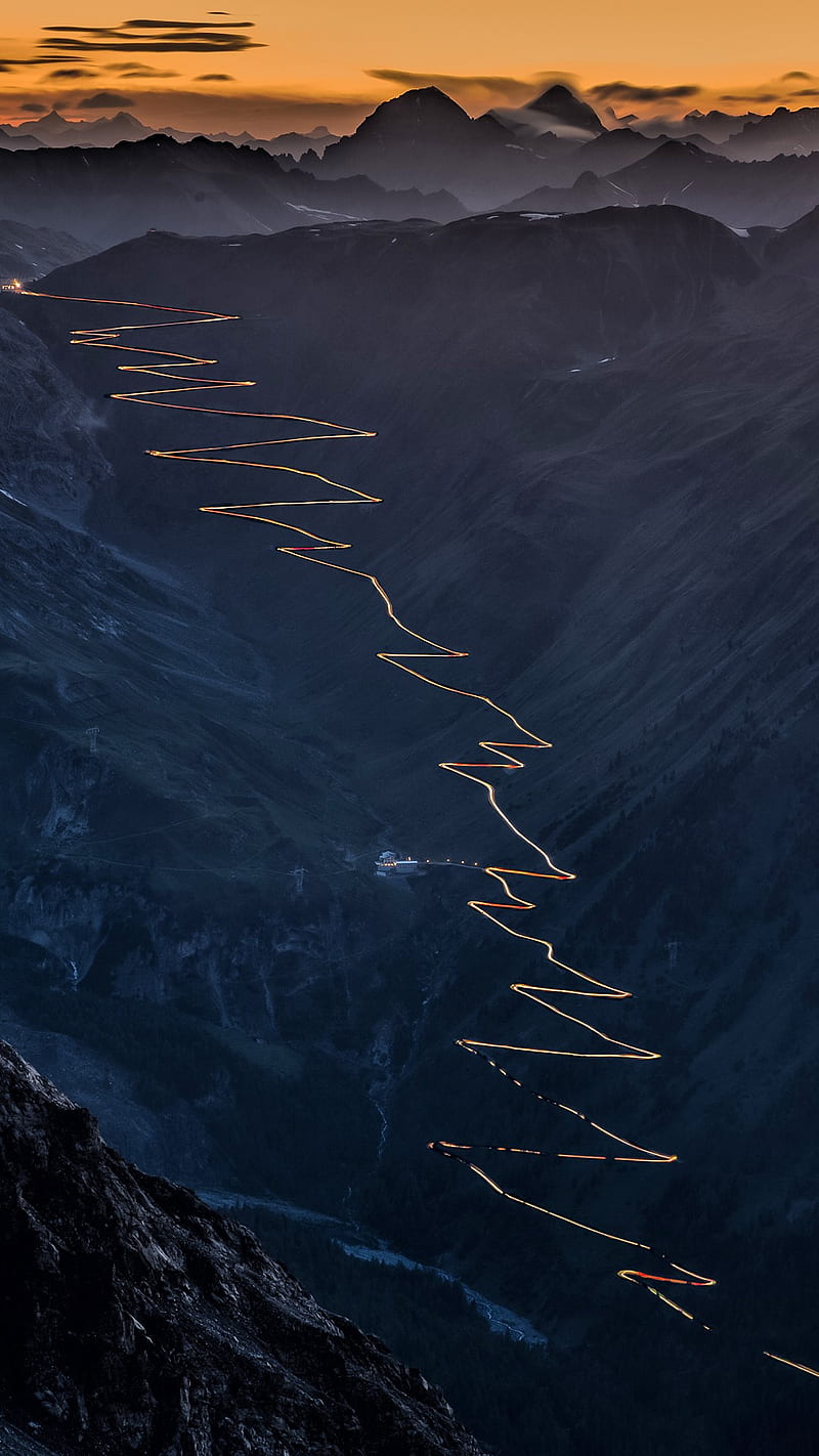 Stelvio Pass-Italy, beauty, calm, italy, light, lights, mountain, night, road, sunset, world, HD phone wallpaper