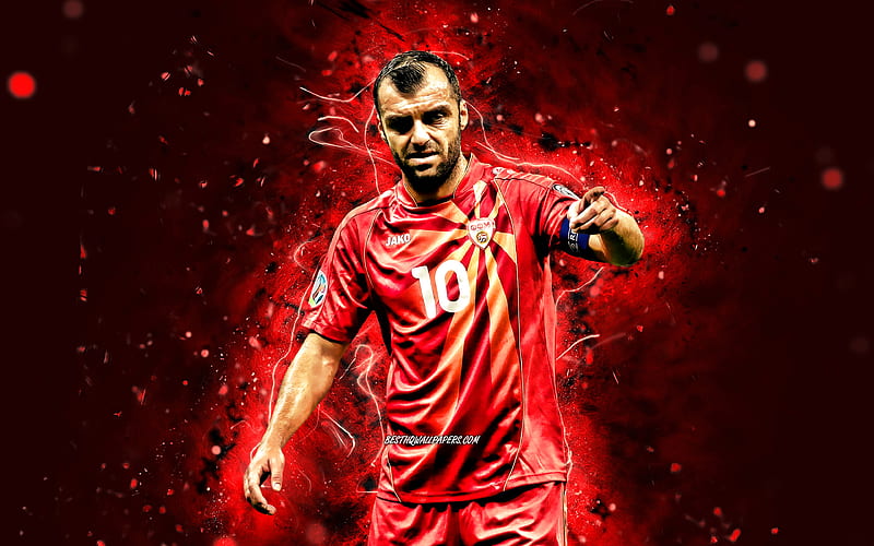 Goran Pandev North Macedonia National Team, soccer, footballers, red neon lights, Macedonian football team, Goran Pandev, HD wallpaper