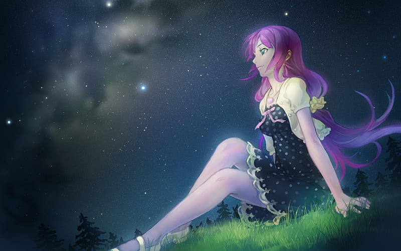 Bakemonogatari, scenic, grass, anime, hot, anime girl, star, light, night,  female, HD wallpaper | Peakpx