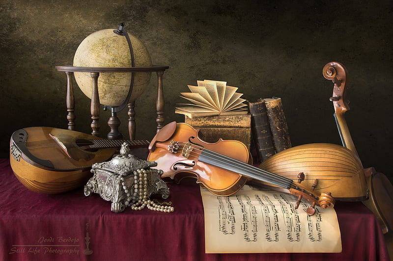graphy, Still Life, Book, Globe, Mandolin, Necklace, Sheet Music, Violin, HD wallpaper
