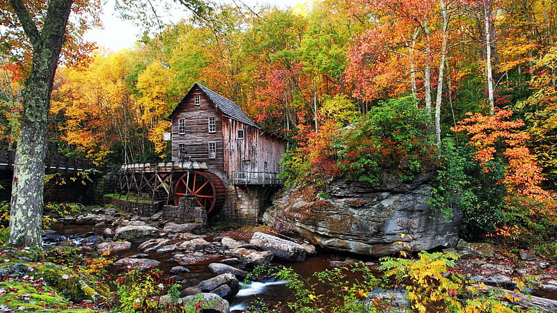 Watermill at the Babcock State Park, West Virginia, colors, autumn, trees, rocks, forest, stones, river, fall, landscape, usa, leaves, HD wallpaper