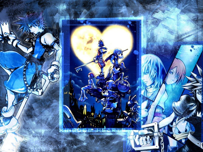 ~Kingdom Hearts~, goofy, video game, kingdom hearts, kairi, donald, riku, sora, heart shaped moon, friends, HD wallpaper