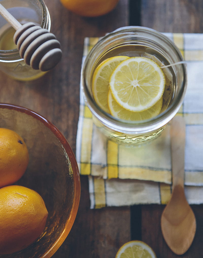 clear glass container with lemon slices, HD phone wallpaper