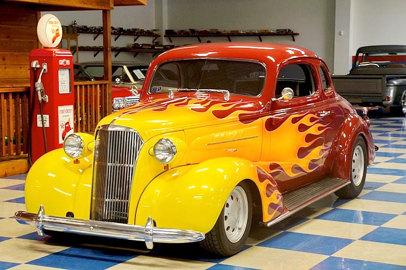 1937 Chevrolet Coupe, carros, coupe, hot rod, flames, yellow, chevy, oldie, vintage, HD wallpaper