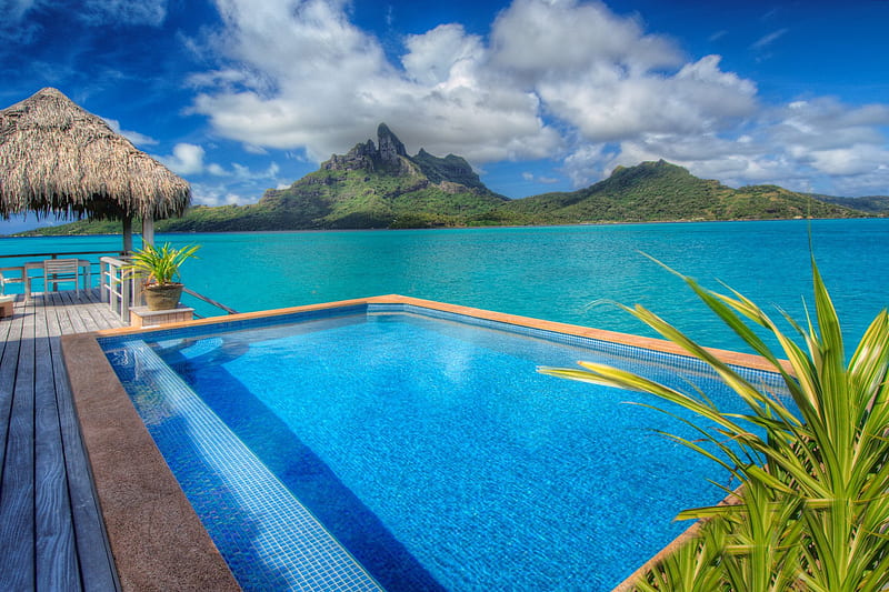 St Regis Hotel Bora Bora, hotel, ocean, Tahiti, pool, atoll, hot tub, sea, lagoon, Bora Bora, paradise, jacuzzi, island, water bungalow, tropical, HD wallpaper